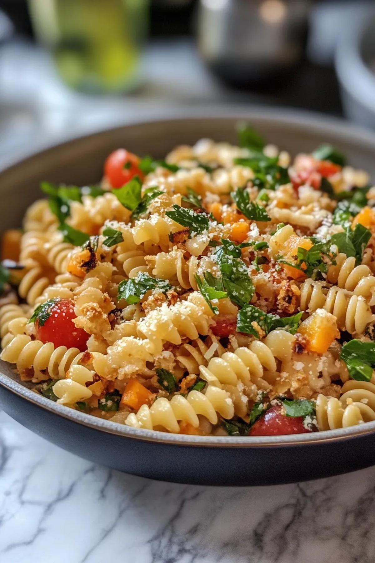 Crispy pasta salad featuring golden toasted pasta tossed with colorful random garden vegetables, bright lemon‑herb dressing, and sprinkled with toasted pine nuts, served on a rustic wooden platter card