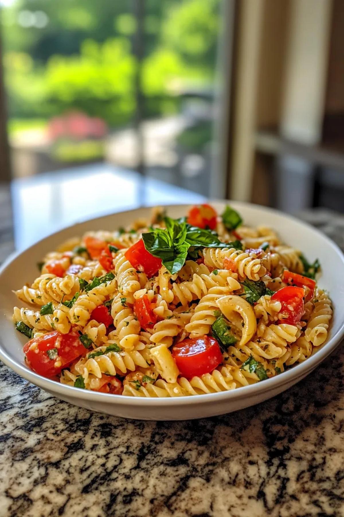 A vibrant crispy pasta salad recipe featuring golden toasted pasta, colorful random vegetables, and a light herb vinaigrette, served in a rustic bowl with fresh herbs scattered on top, evoking a sunny, healthy feast