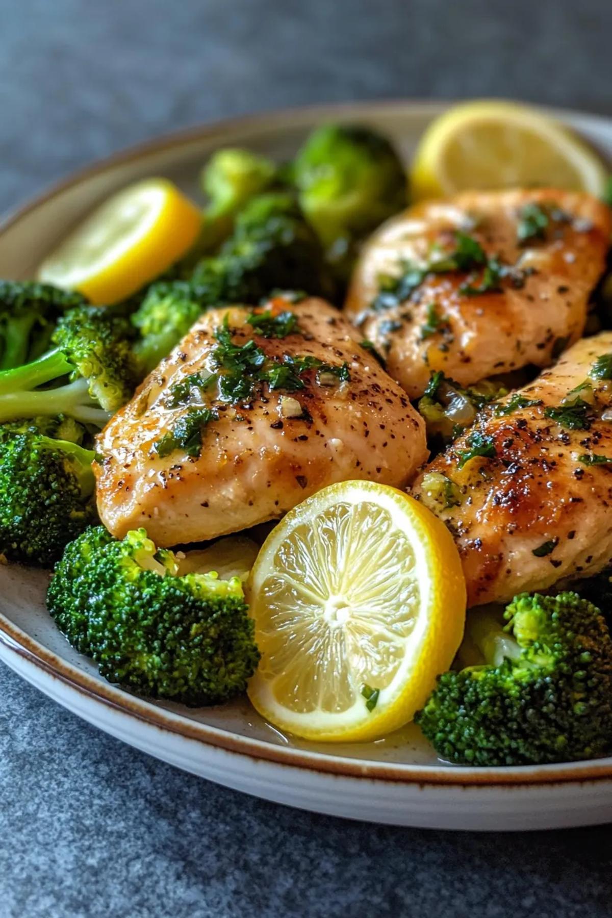 A vibrant high protein broccoli dinner featuring golden garlic‑lemon chicken thighs perched over a bed of emerald broccoli florets, drizzled with olive oil and sprinkled with toasted almond slivers, captured on a rustic wooden platter card