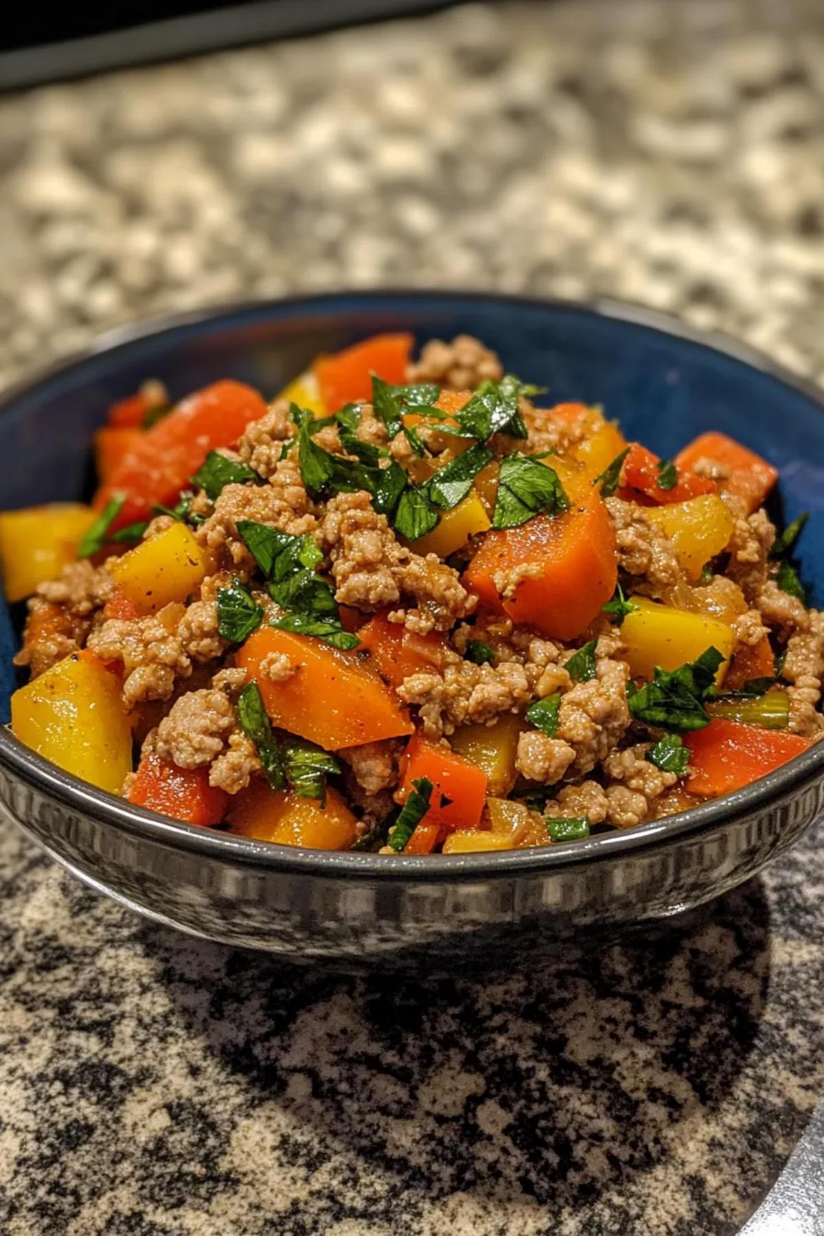Vibrant high protein ground turkey dinner served in a rustic bowl, layered with golden-brown turkey, colorful random vegetables, and a drizzle of herb‑infused sauce, garnished with fresh parsley and lime wedges card