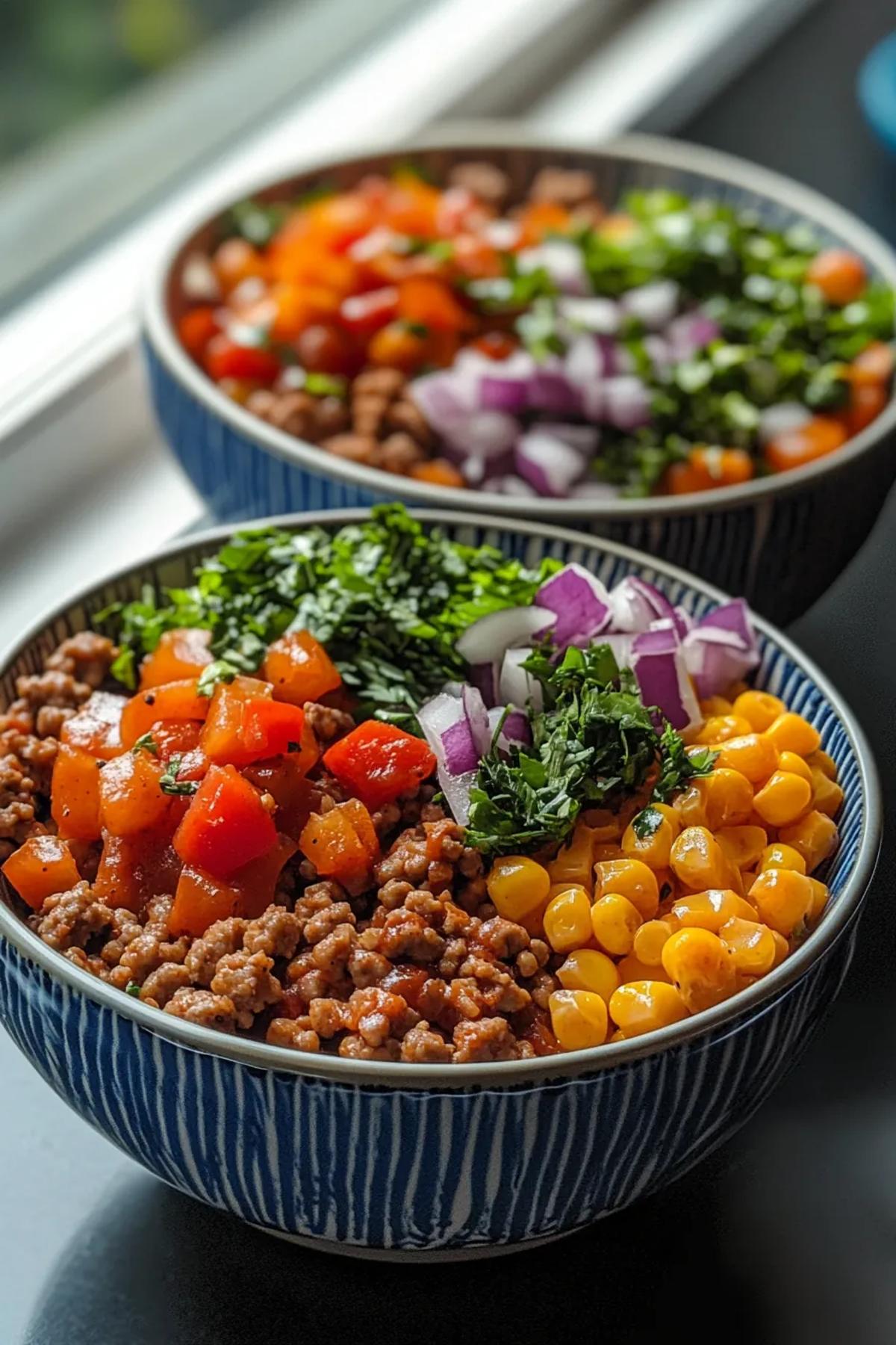 Sun‑kissed high protein ground turkey meal prep bowls brimming with golden turkey, roasted rainbow veggies, fluffy quinoa, and a drizzle of herb‑y yogurt sauce, served in colorful containers on a bright kitchen counter card