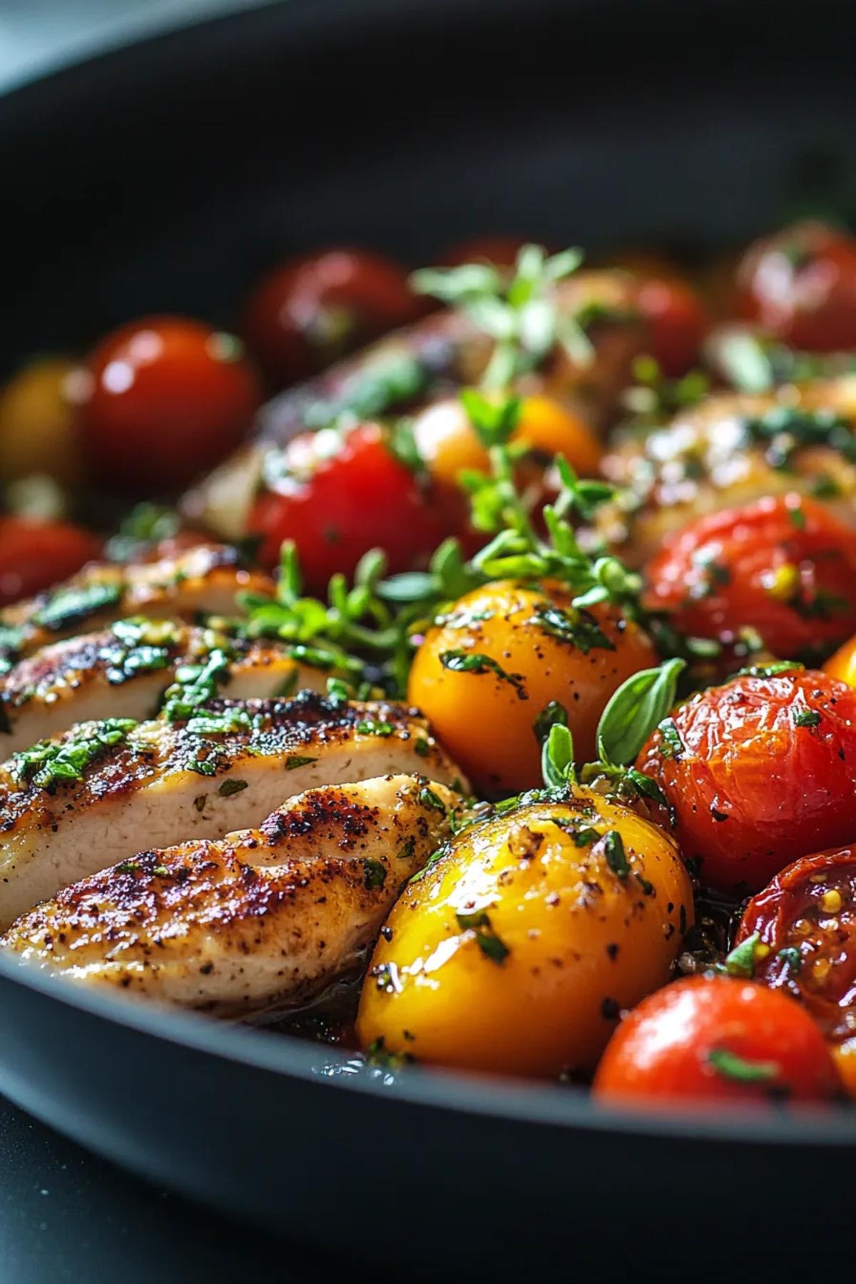 Vibrant sun‑kissed one‑pan turkey and tomato medley with golden ground turkey crumbles, ruby tomatoes, fresh basil, and a drizzle of olive oil, served in a rustic skillet on a sun‑lit patio