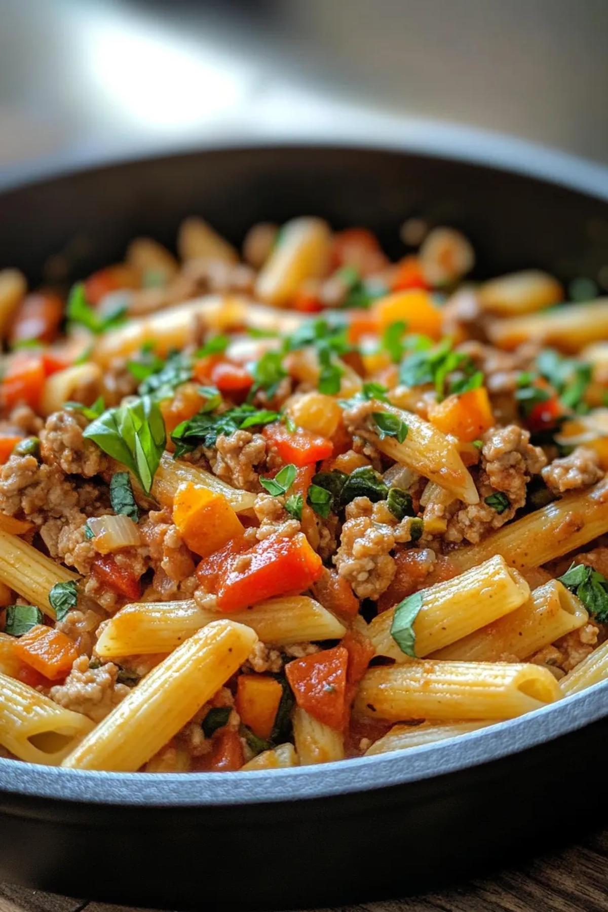 Sun‑Kissed One‑Pot Ground Turkey Pasta with Roasted Veggies