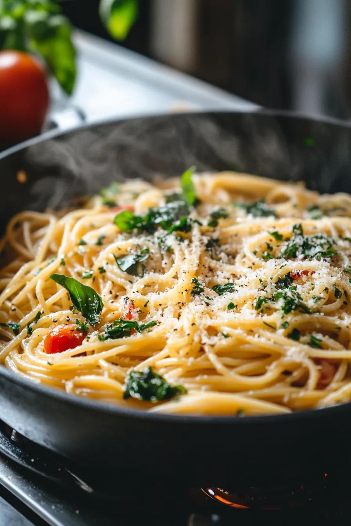 A vibrant one‑pot pasta glistening with a balanced one pot pasta liquid to pasta ratio, topped with fresh basil, cherry tomatoes, and a drizzle of olive oil, served in a rustic skillet on a sun‑lit kitchen counter card