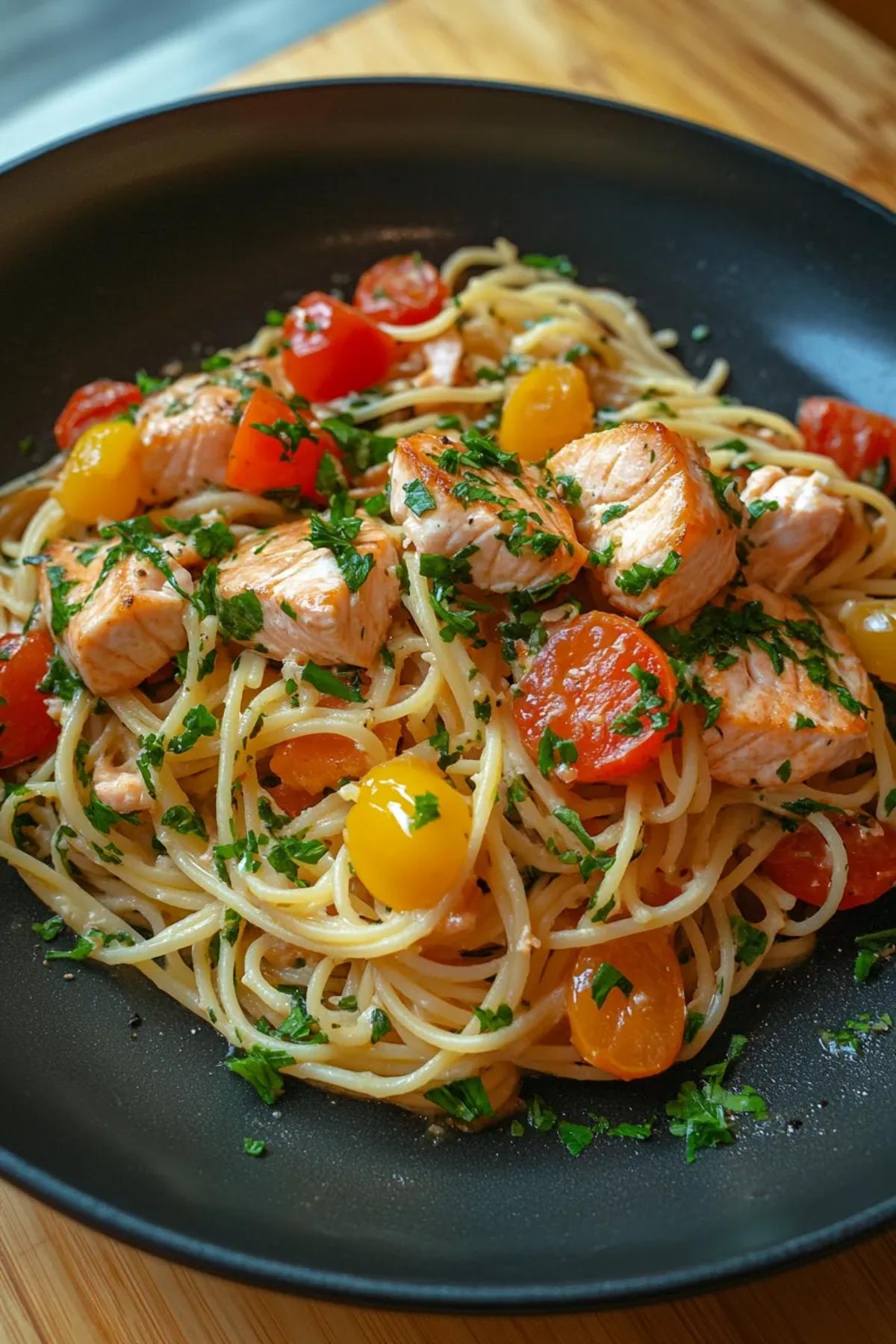 A vibrant bowl of one pot salmon pasta healthy, featuring pink flaky salmon, bright orange cherry tomatoes, emerald spinach, and creamy whole‑grain noodles, all glistening with a lemon‑herb sauce.