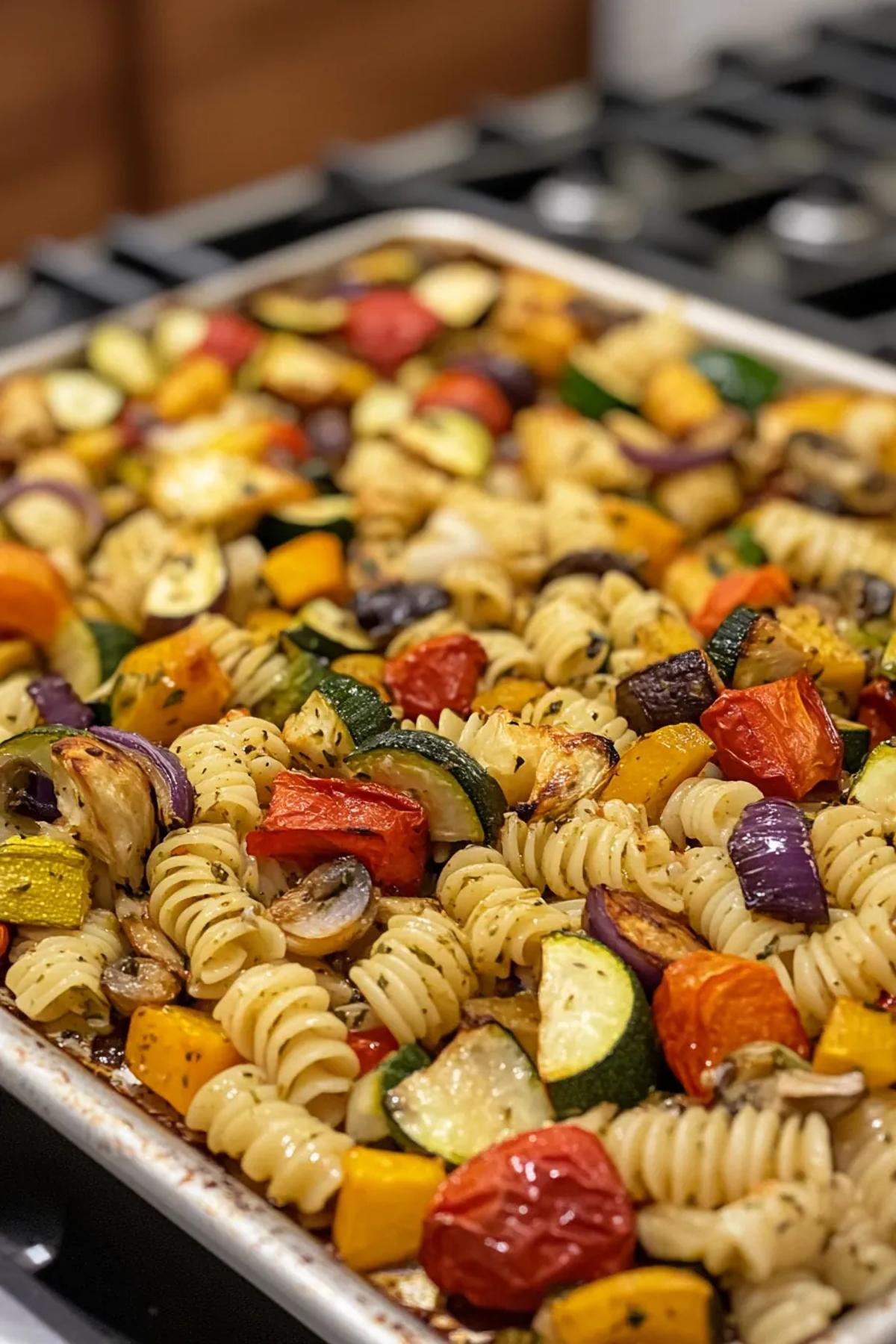 Golden sheet pan pasta vegetarian tossed with roasted cherry tomatoes, zucchini, bell peppers, and fresh basil, garnished with shaved Parmesan and a drizzle of olive oil, served on a rustic wooden board.