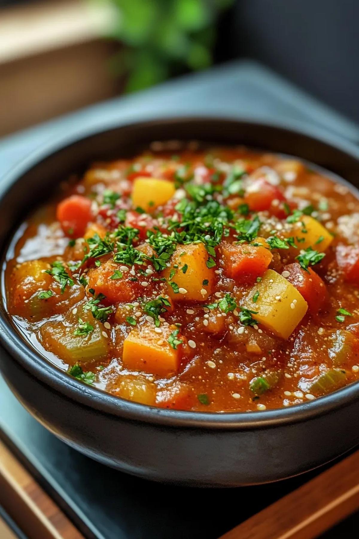 A vibrant slow cooker harissa vegetable stew brimming with roasted carrots, sweet potatoes, chickpeas, and fresh cilantro, served in a rustic bowl with a drizzle of olive oil and a sprinkle of toasted pine nuts card