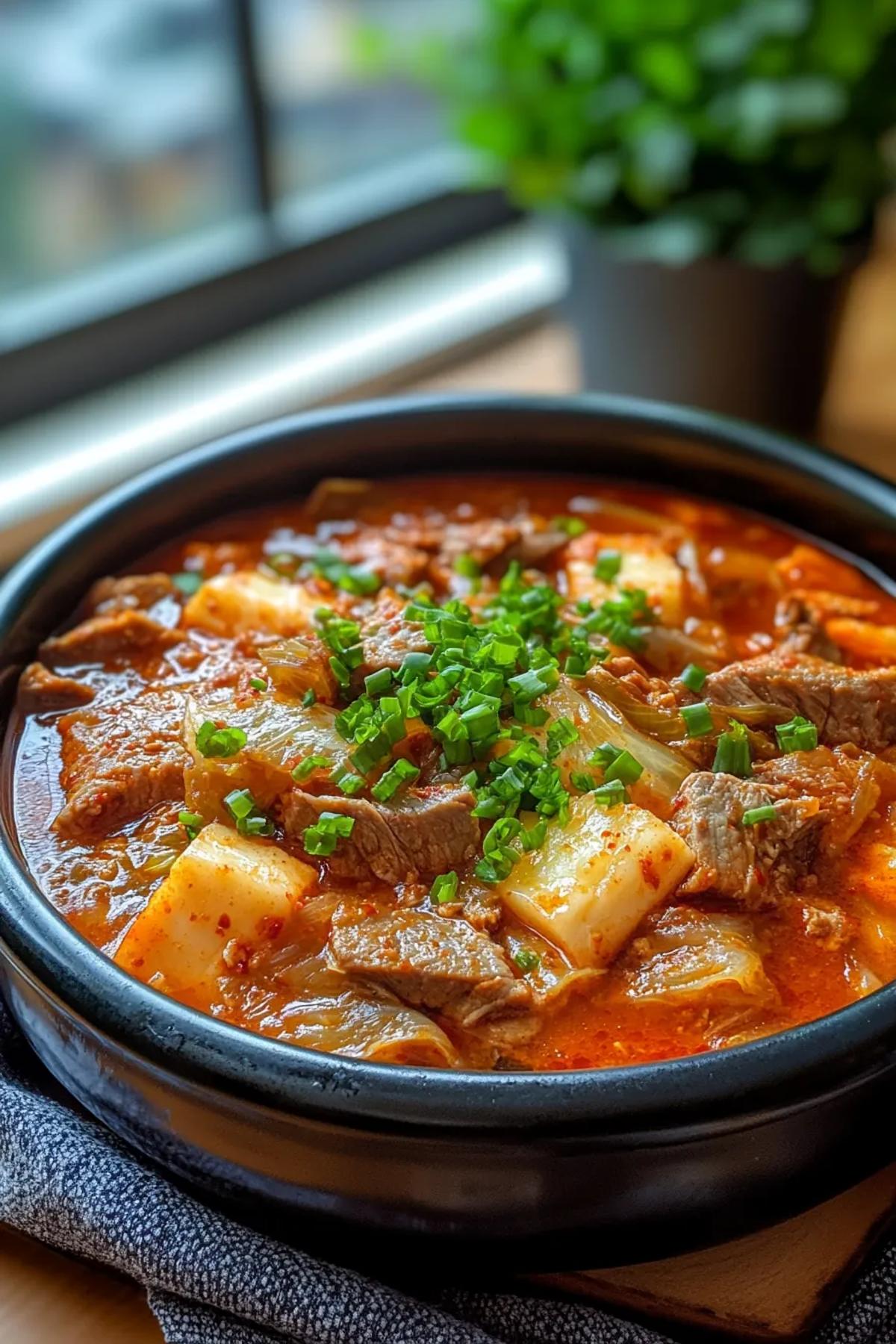 A steaming bowl of slow cooker kimchi jjigae showcasing rich red broth, tender pork belly, soft tofu cubes, and bright green scallions, served with a side of steamed rice on a rustic wooden table.