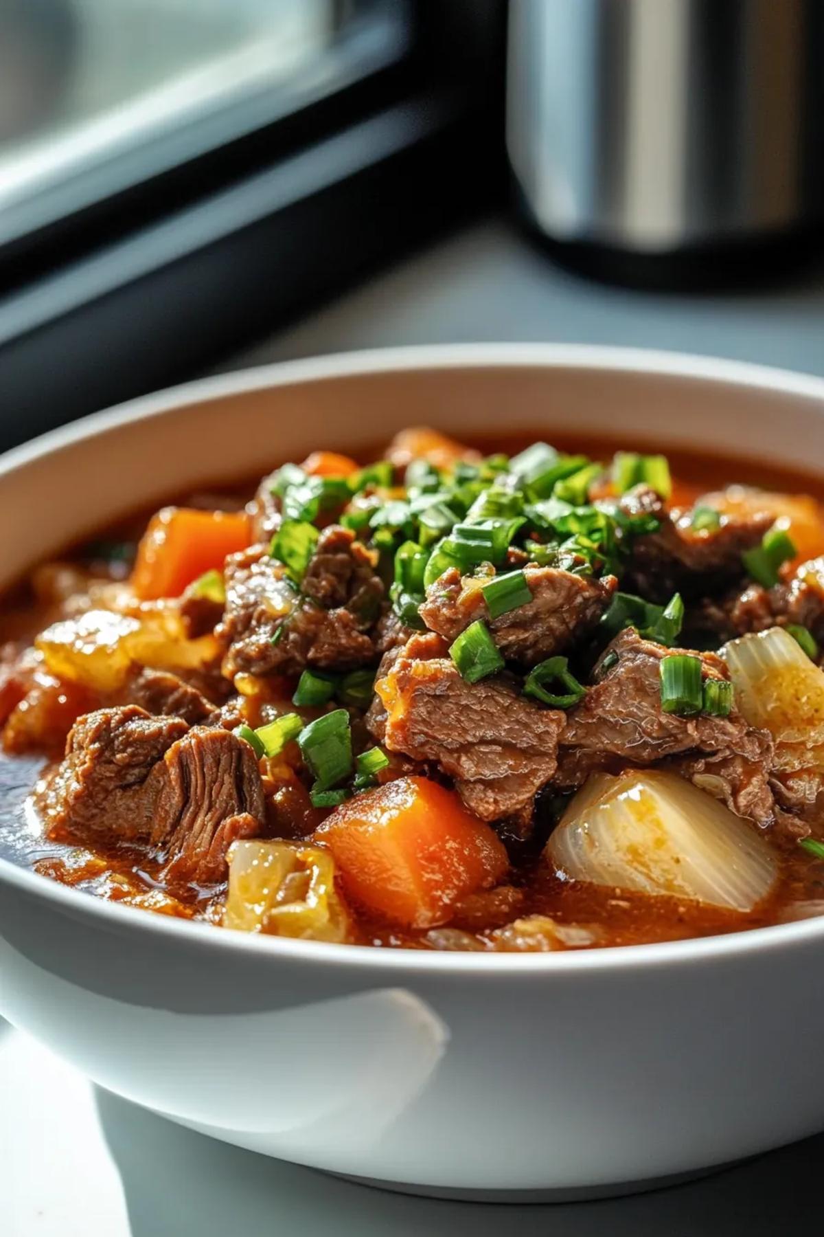 A hearty bowl of slow cooker kimchi stew with beef, brimming with ruby‑red broth, tender beef slices, bubbling kimchi, and a sprinkle of scallions, served in a rustic ceramic pot on a wooden table card