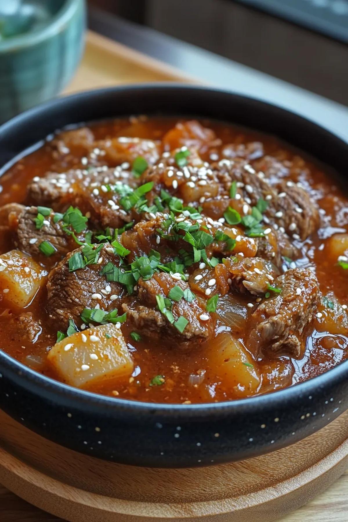 A hearty bowl of slow cooker kimchi stew with beef, brimming with ruby‑red broth, tender beef slices, bubbling kimchi, and a sprinkle of scallions, served in a rustic ceramic pot on a wooden table