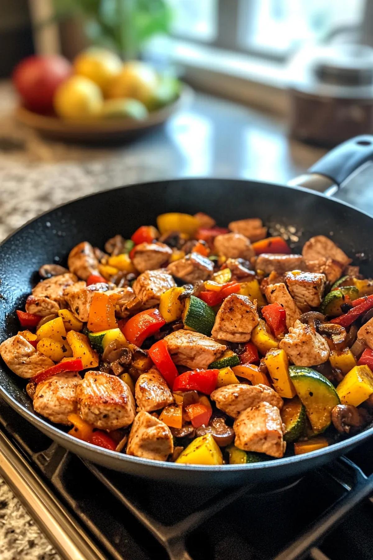 Sun‑kissed turkey veggie skillet featuring golden-browned high protein ground turkey, colorful bell peppers, zucchini ribbons, and a sprinkle of fresh herbs, served in a rustic cast‑iron pan card