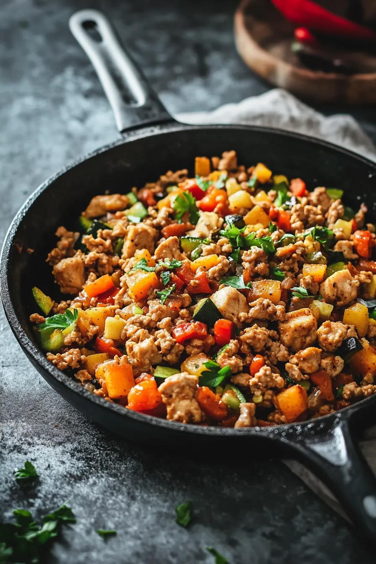 Sun‑kissed turkey veggie skillet featuring golden-browned high protein ground turkey, colorful bell peppers, zucchini ribbons, and a sprinkle of fresh herbs, served in a rustic cast‑iron pan