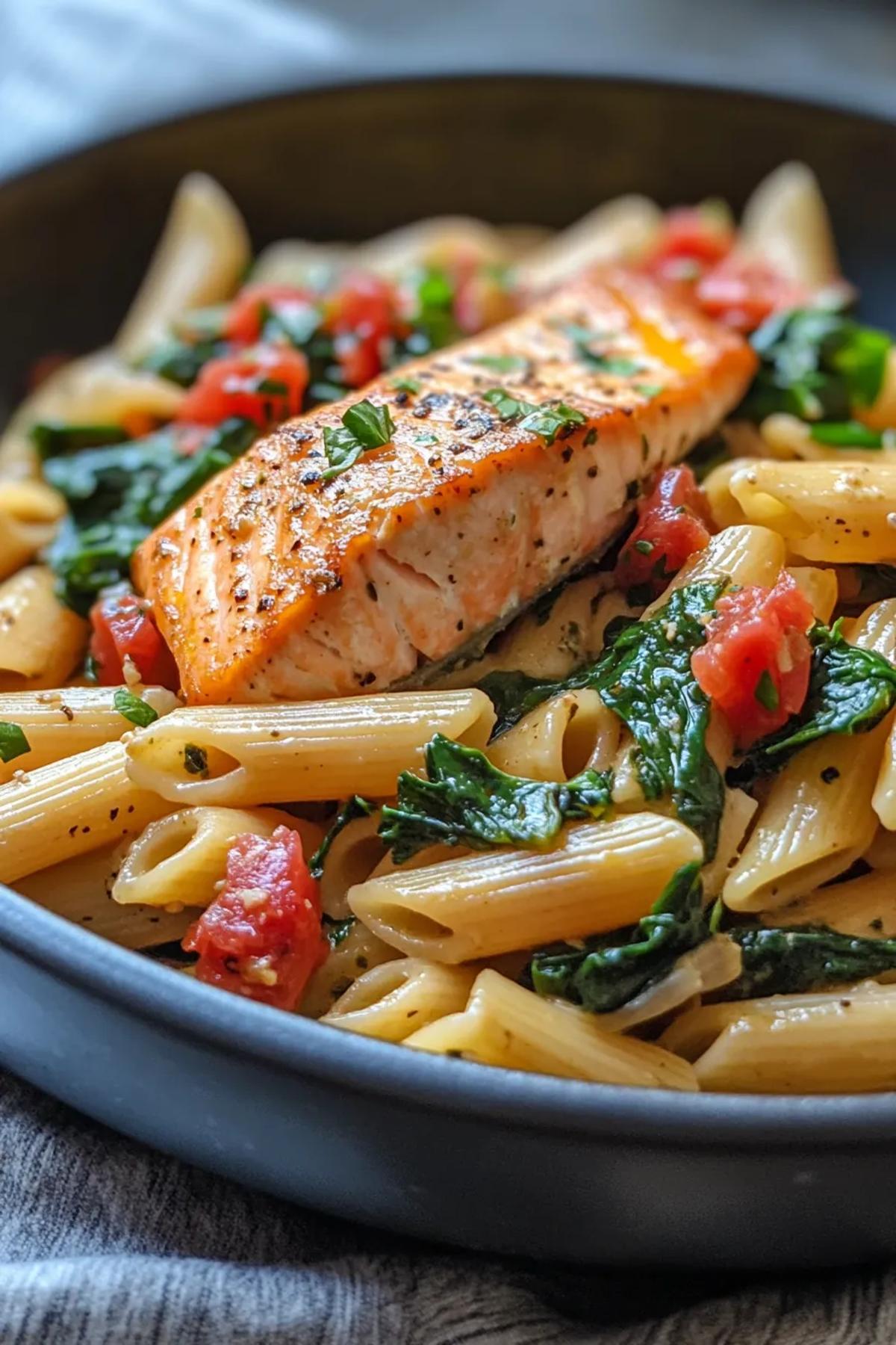 A vibrant one pot pasta salmon spinach dish served in a rustic skillet, showcasing tender salmon flakes, glossy al dente pasta, and bright spinach leaves, finished with a drizzle of lemon and a sprinkle of fresh herbs. card