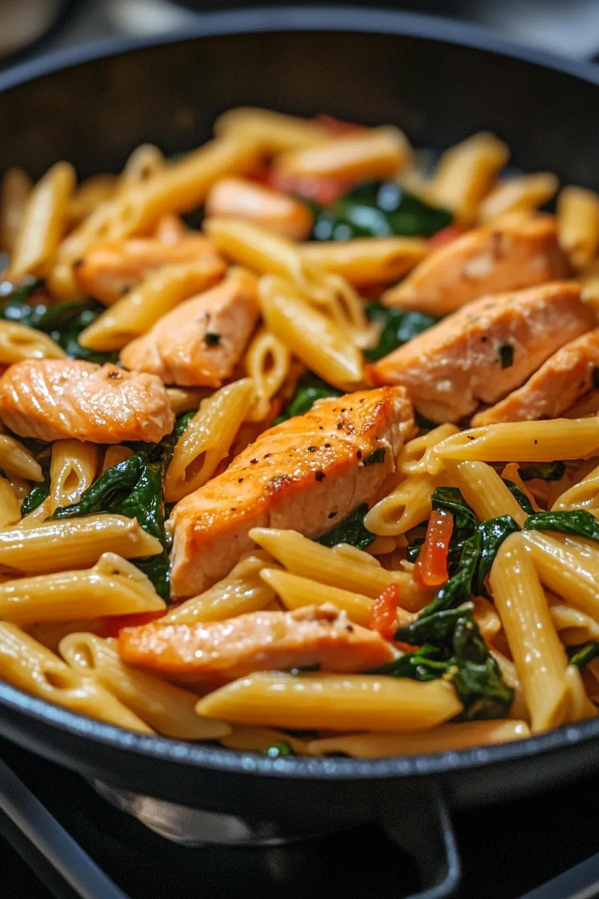 A vibrant one pot pasta salmon spinach dish served in a rustic skillet, showcasing tender salmon flakes, glossy al dente pasta, and bright spinach leaves, finished with a drizzle of lemon and a sprinkle of fresh herbs.