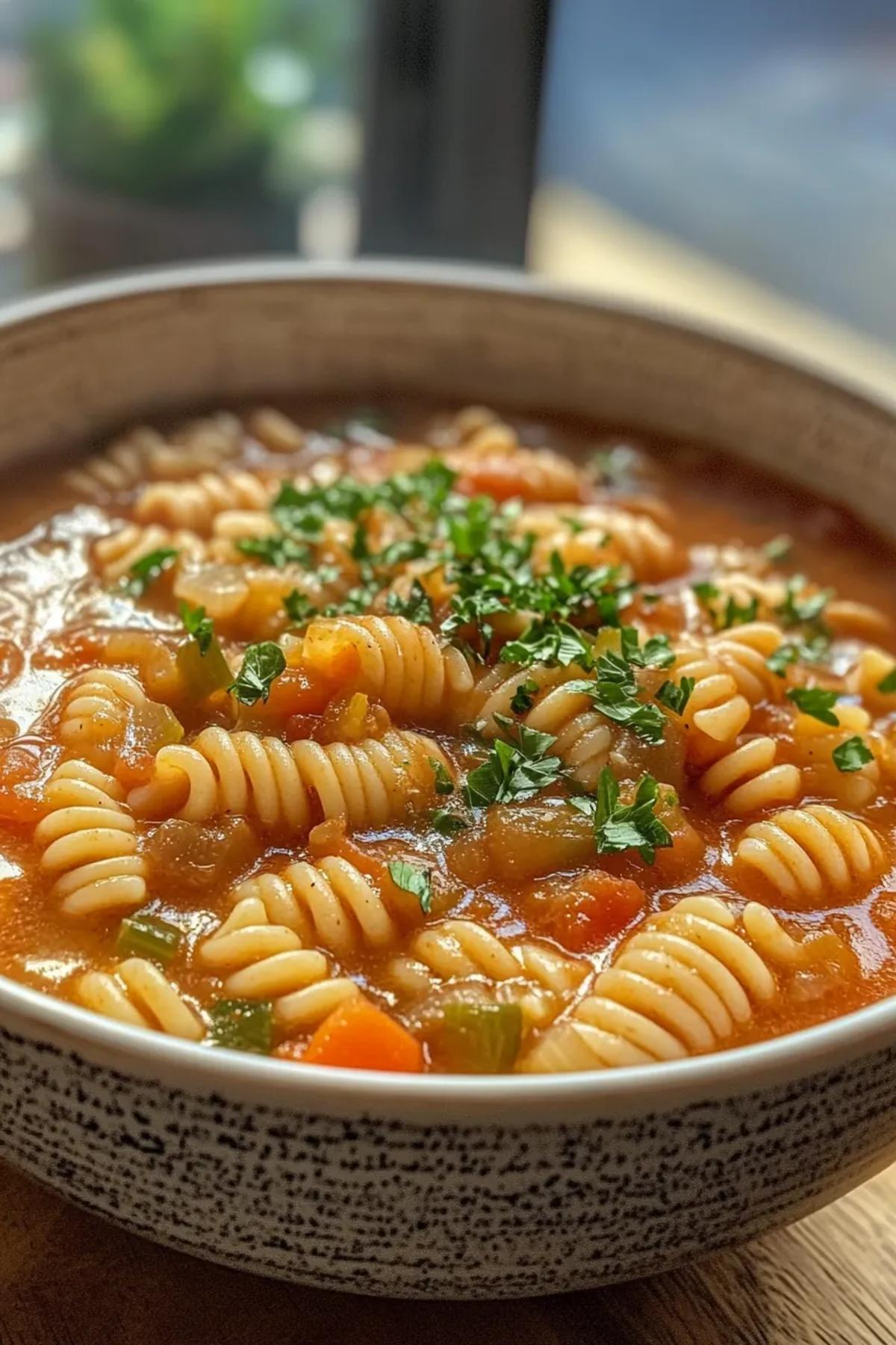 A vibrant bowl of slow cooker pasta soup brimming with colorful random vegetables, tender pasta ribbons, and a swirl of fresh herbs, captured from above on a rustic wooden table. card