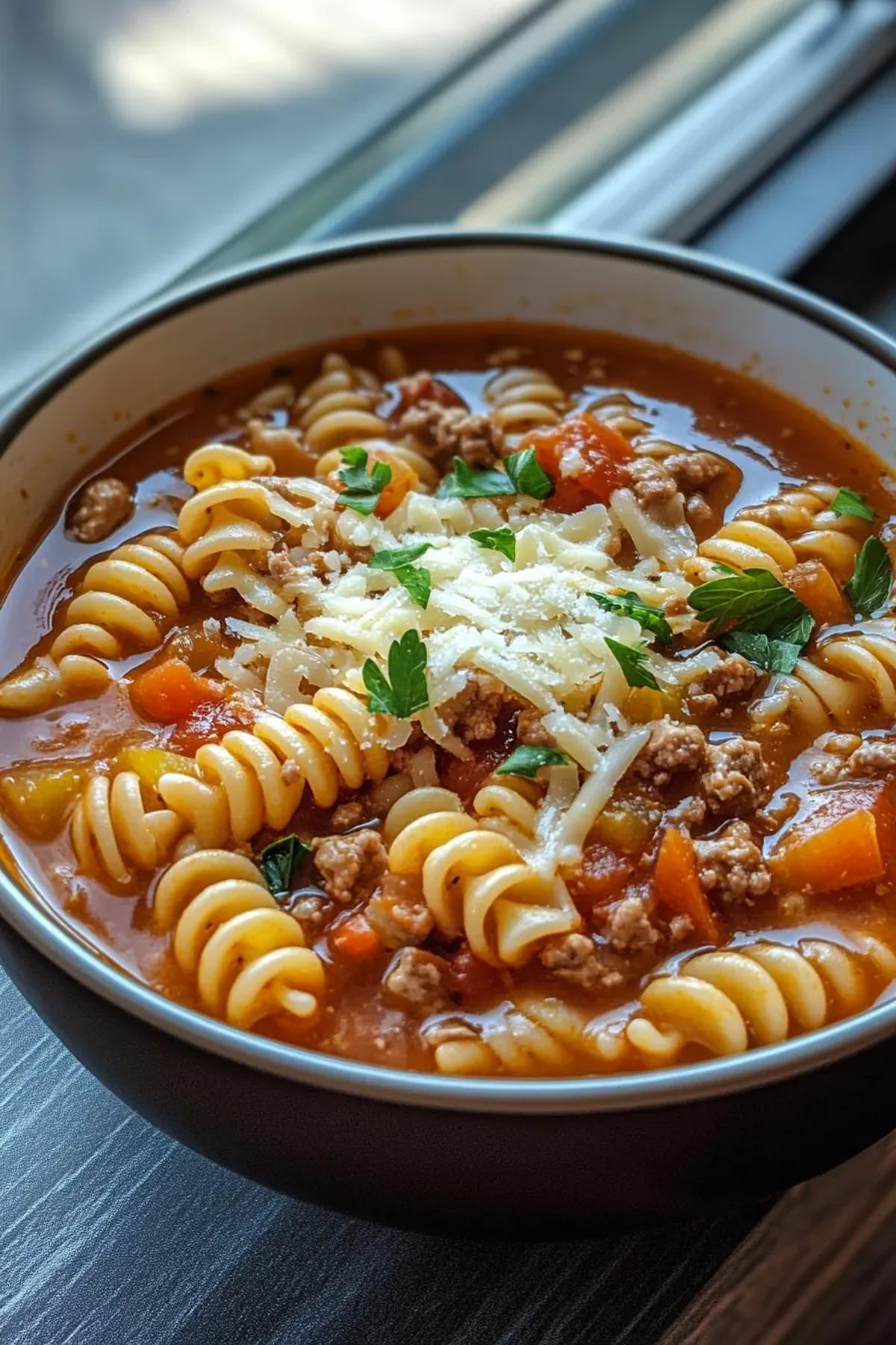 A vibrant bowl of slow cooker pasta soup brimming with colorful random vegetables, tender pasta ribbons, and a swirl of fresh herbs, captured from above on a rustic wooden table.