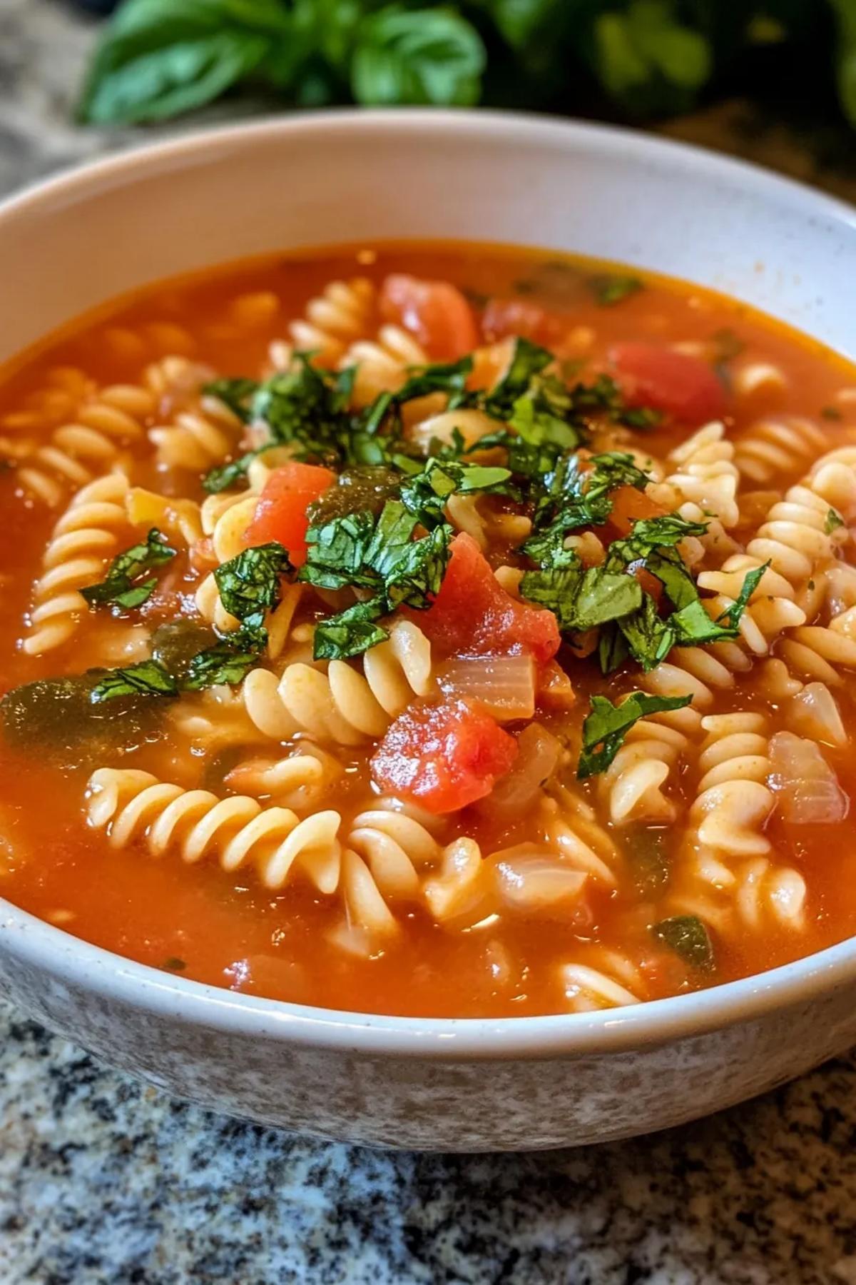 Sunlit Slow Cooker Tomato Pasta Soup with Random Garden Harvest