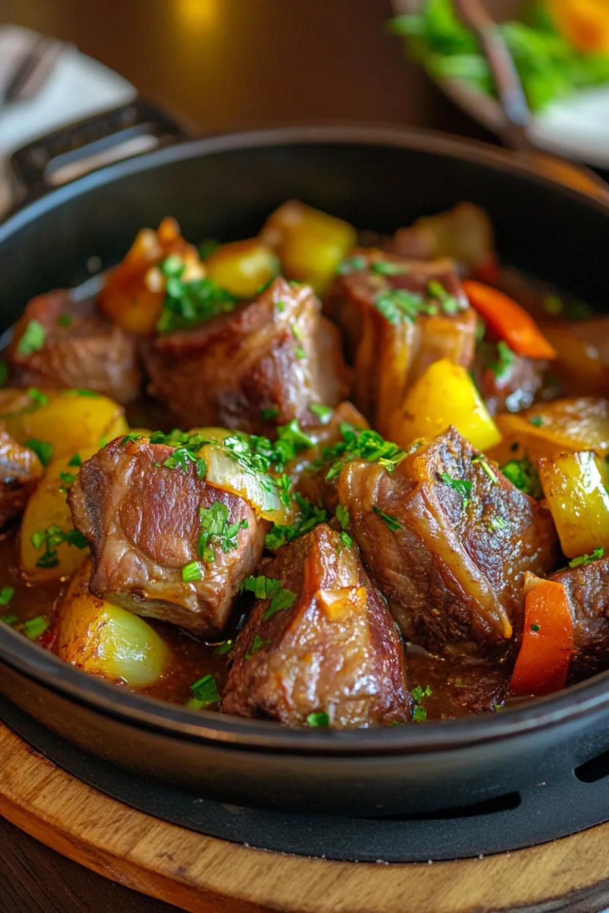 Beautifully braised lamb shanks nestled among colorful seasonal vegetables in a rustic pot. card