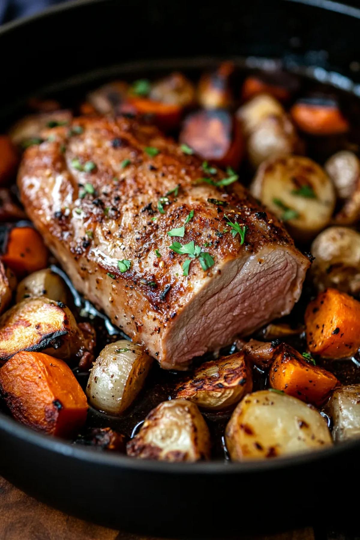 Succulent pork tenderloin nestled with colorful seasonal vegetables in a single pot. card