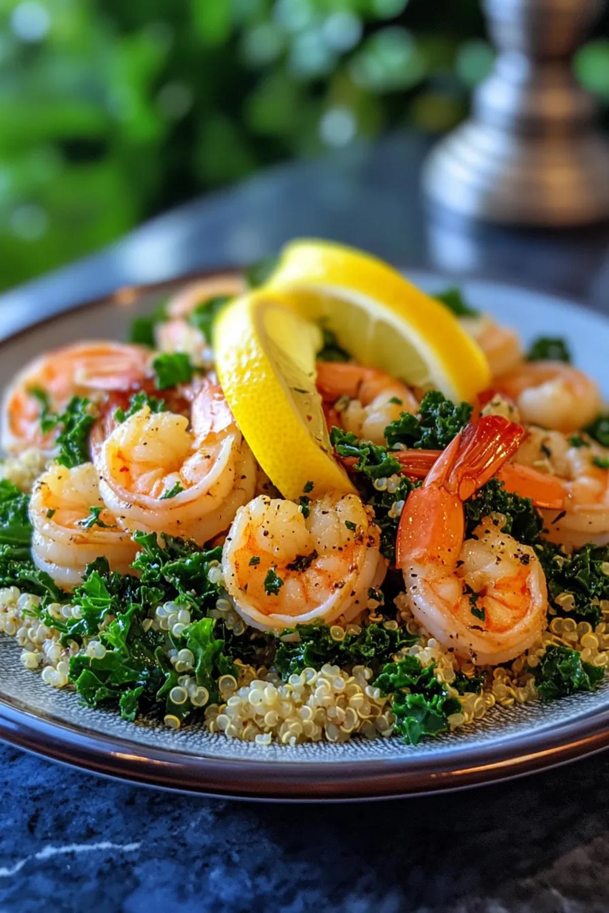 Juicy lemon-garlic shrimp atop a bed of fluffy quinoa and vibrant kale in a white ceramic dish. card