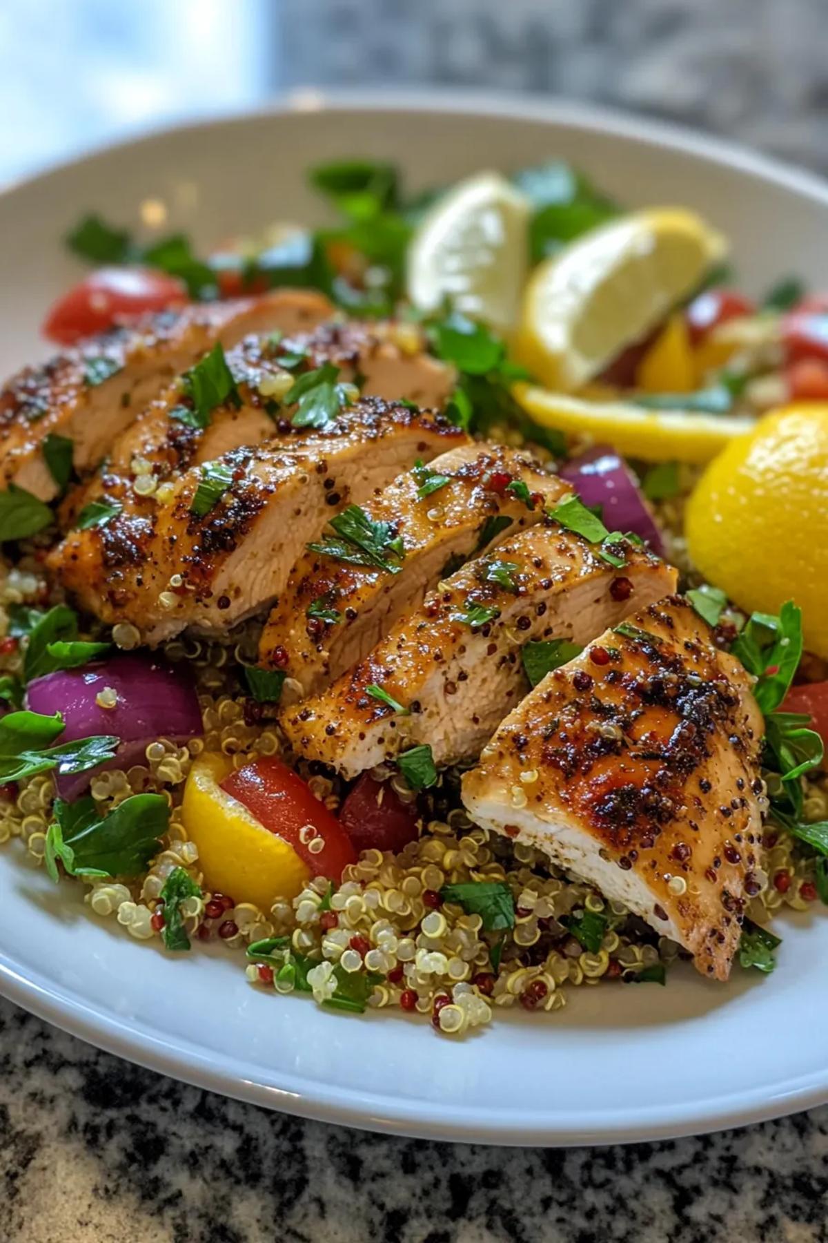 Grilled lemon herb chicken served with a colorful quinoa salad. card
