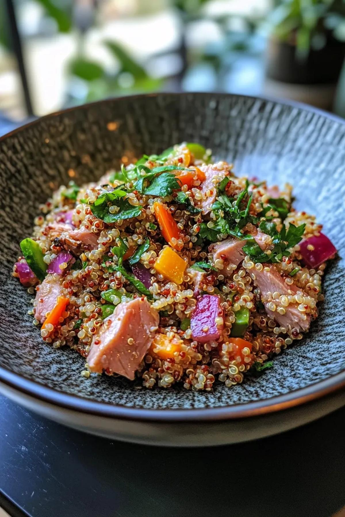 Vibrant quinoa and tuna salad with fresh vegetables and a lemon vinaigrette. card