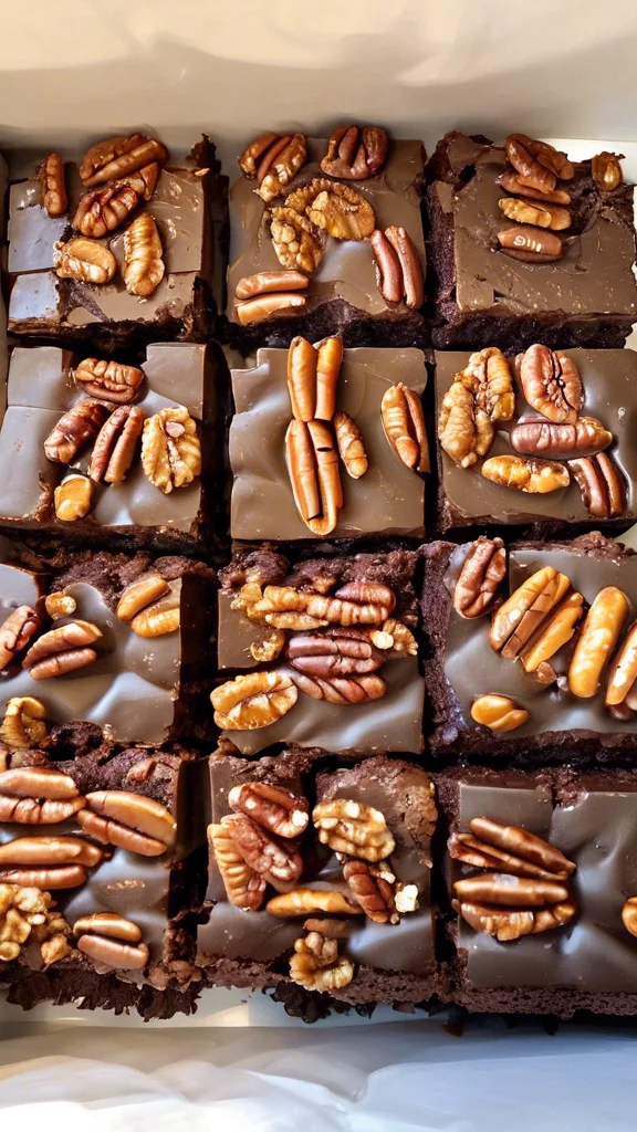 Beautifully plated Turtle Brownies (Caramel + Pecan + Chocolate)