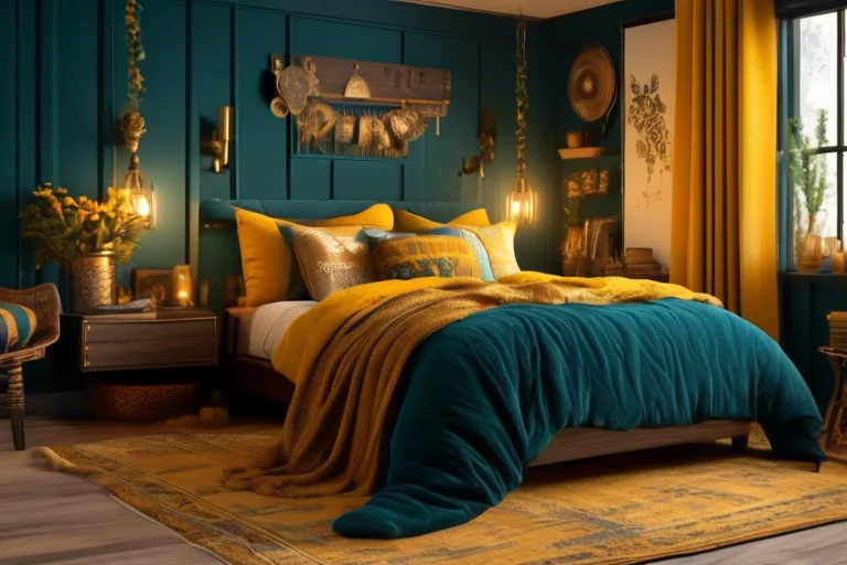Deep Teal and Mustard Yellow Boho Bedroom with Brass Accents - Cozy Cottage Design Idea