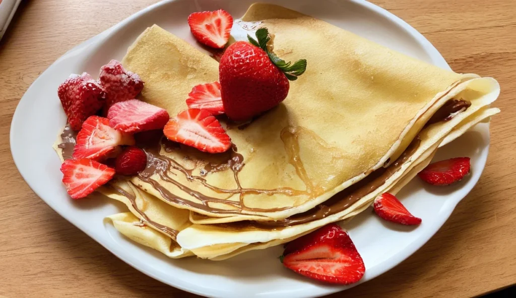 A delicious plate of Crepes with Nutella and Strawberries