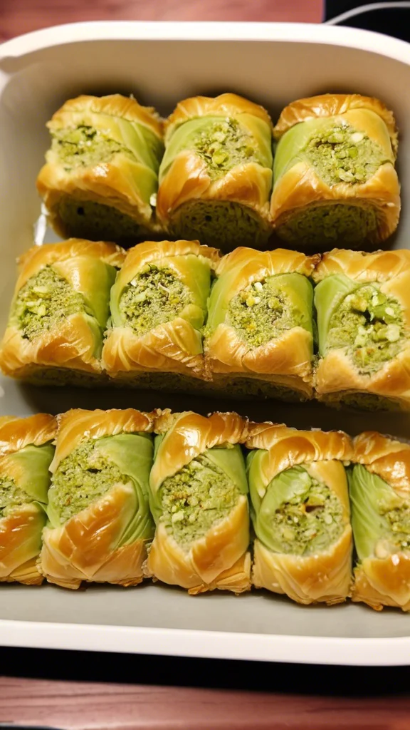 Close-up of delicious Pistachio Baklava Rolls