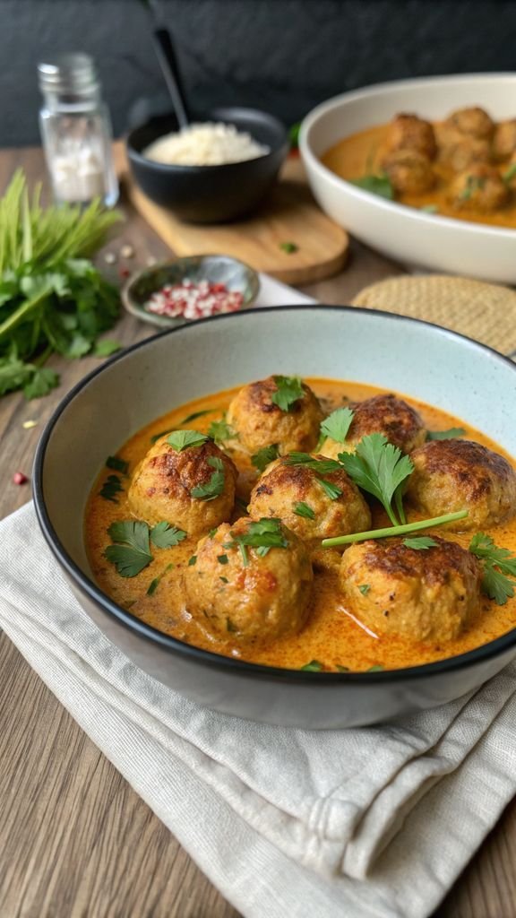 A delicious plate of Thai coconut curry chicken meatballs