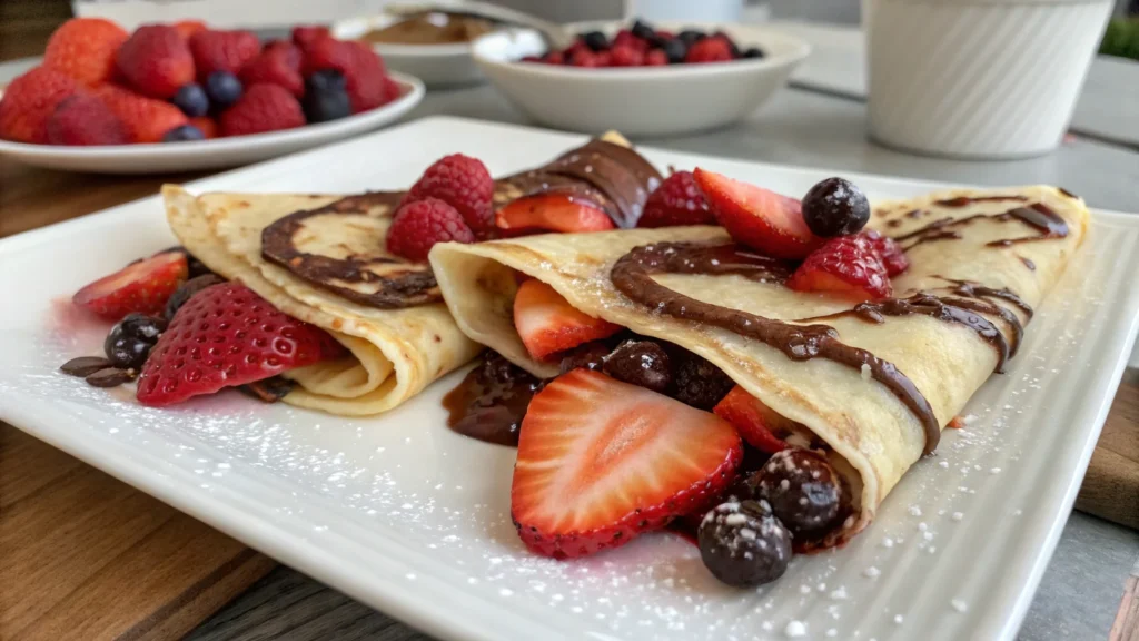 A delicious plate of Crepes with Nutella and Strawberries