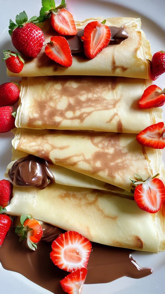 Close-up of delicious Crepes with Nutella and Strawberries
