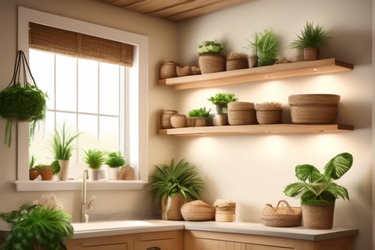 Floating Shelves with Woven Baskets and Green Plants - Cozy Cottage Design Idea
