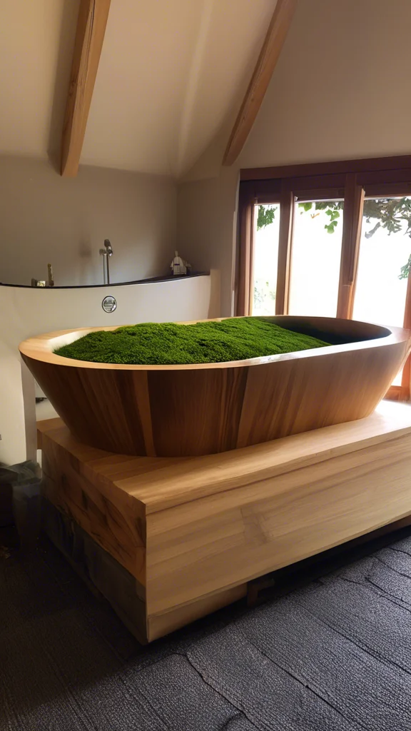 Natural Wood Bathtub with a View of a Zen Garden - Cozy Cottage Design Idea