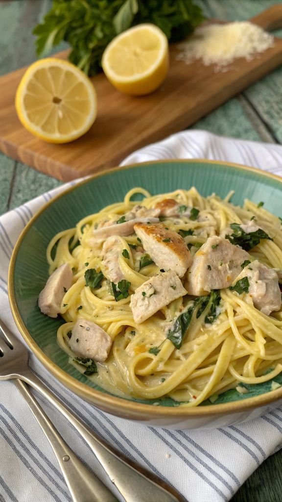 A delicious plate of Creamy Lemon Garlic Chicken Pasta