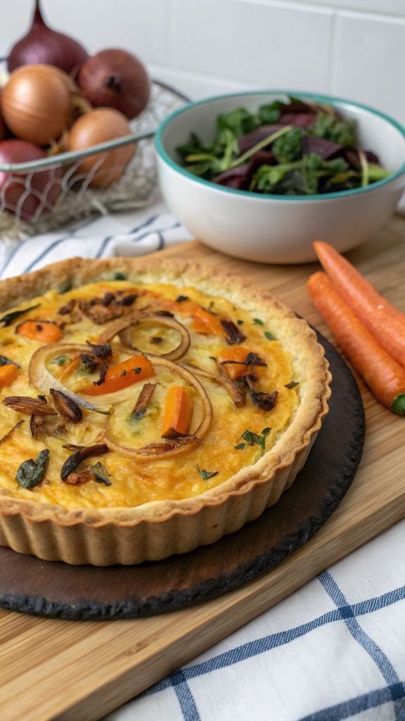 Close-up of delicious Carrot Quiche with Cheddar and Roasted Onions Recipe