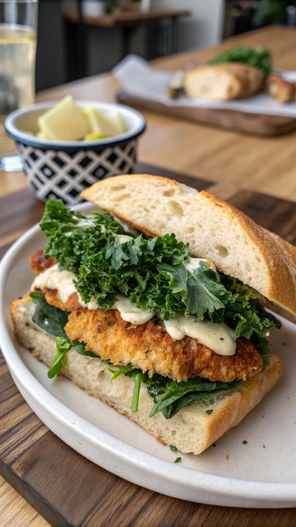 Step-by-step making Chicken Cutlet Kale Caesar Sandwich