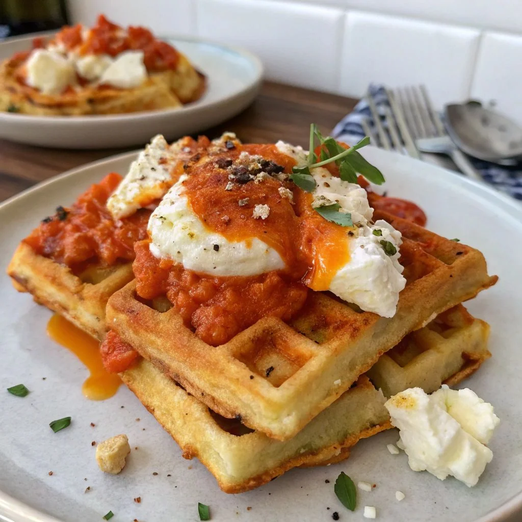 A delicious plate of Egg Waffles with Romesco and Goat Cheese
