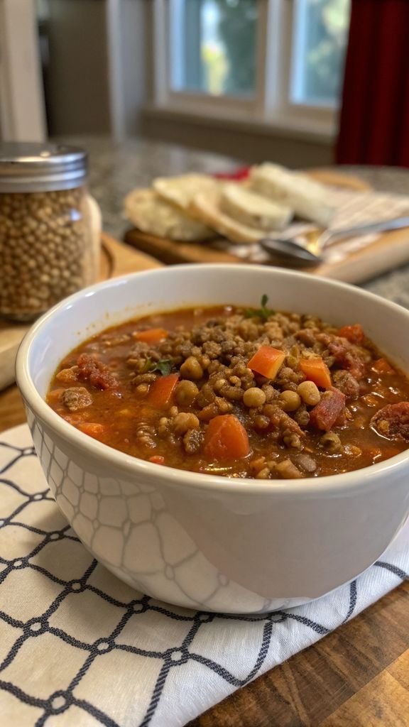 A delicious plate of Hearty Lentil Soup with Ground Beef