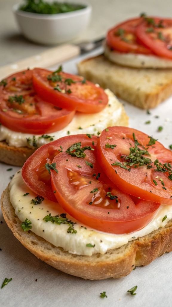 Beautifully plated Tomato and Cream Cheese Sandwiches