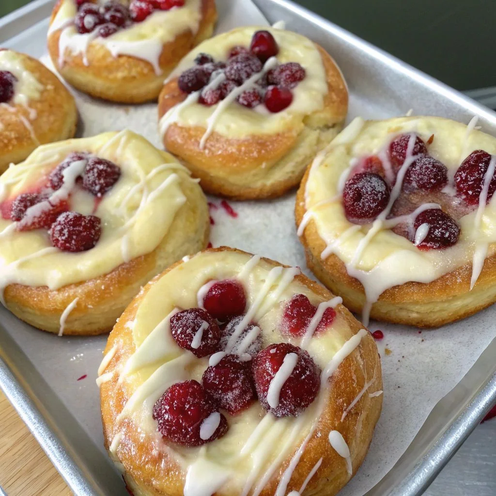A delicious plate of Cream Cheese Danishes with Sugared Cranberries and Vanilla Butter Glaze