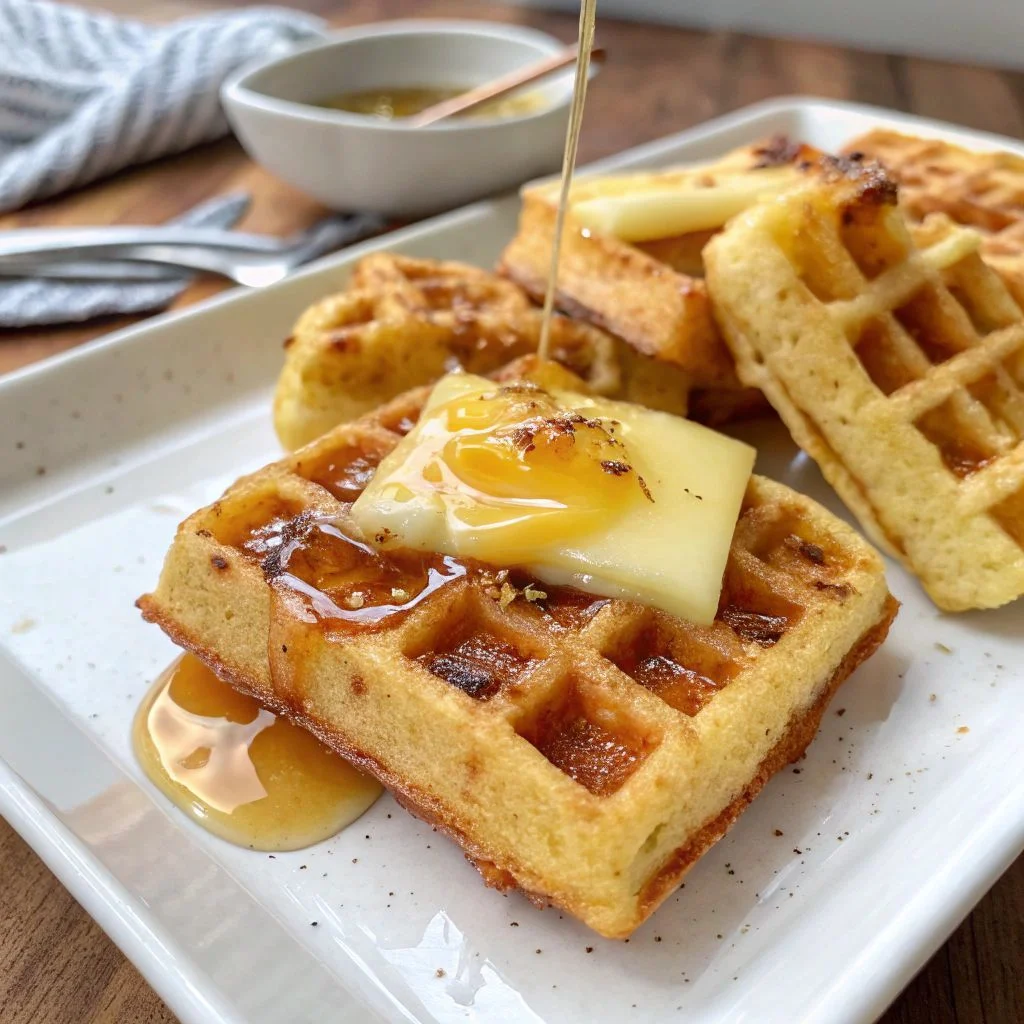 A delicious plate of Cornbread Waffle Bites with Smoked Gouda and Honey