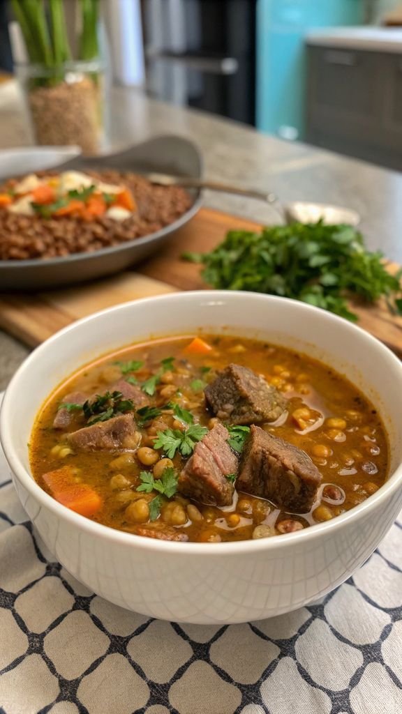 A delicious plate of Beef and Lentil Soup