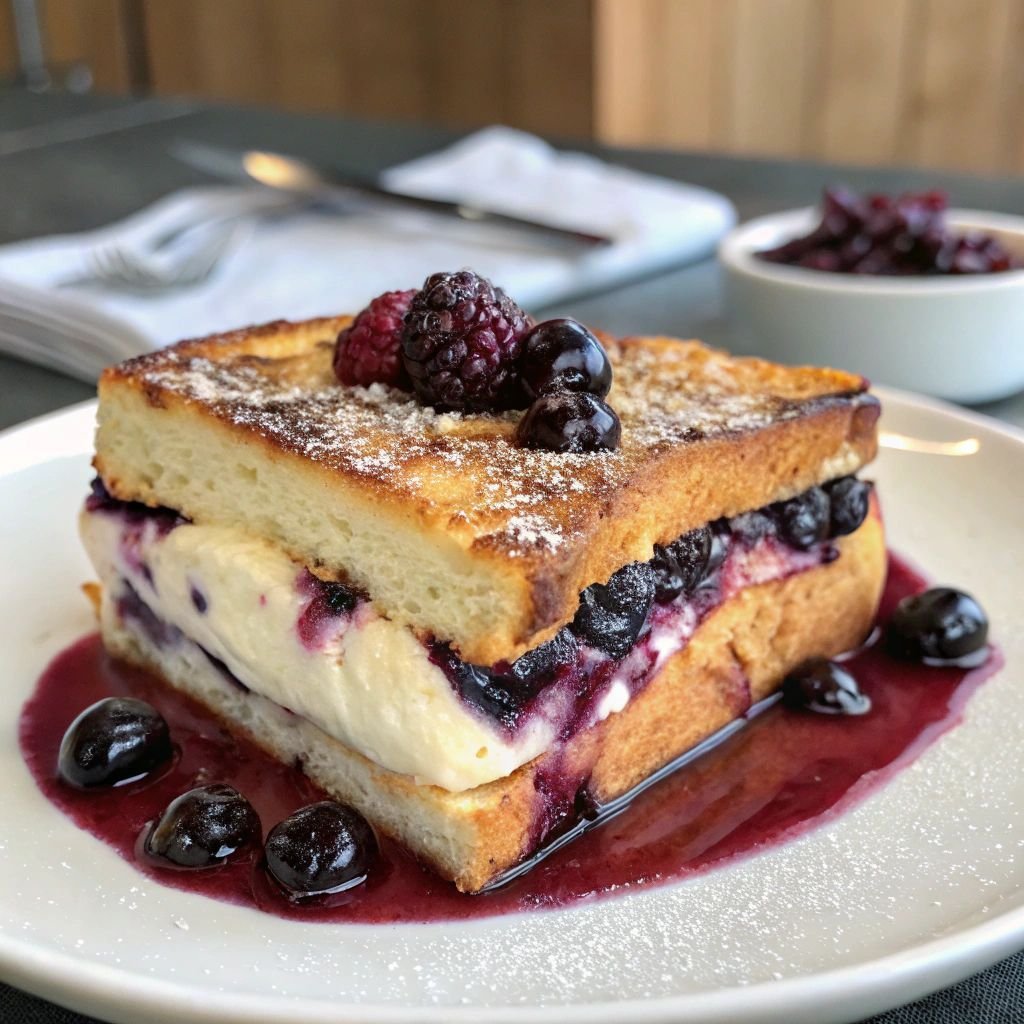 A delicious plate of Blueberry Cheesecake Stuffed French Toast