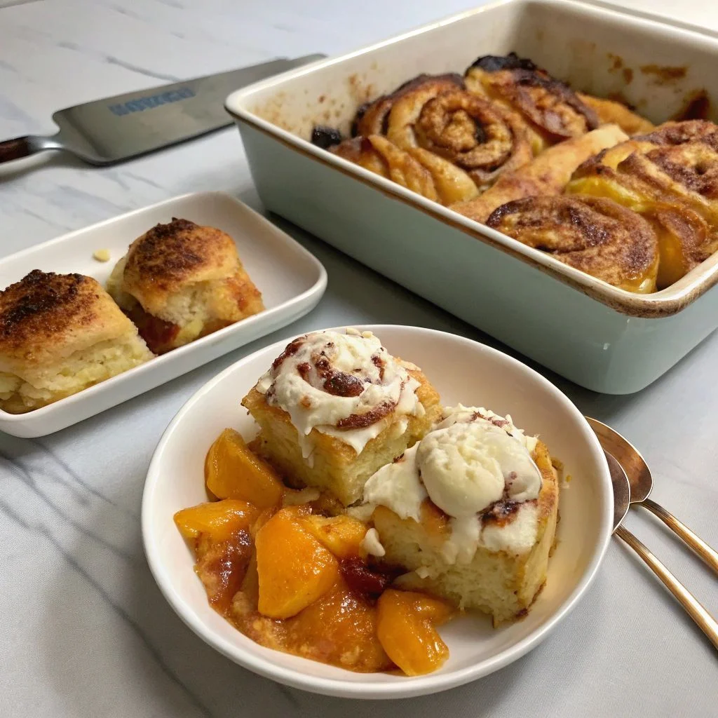 A delicious plate of Peach Cobbler Cinnamon Rolls