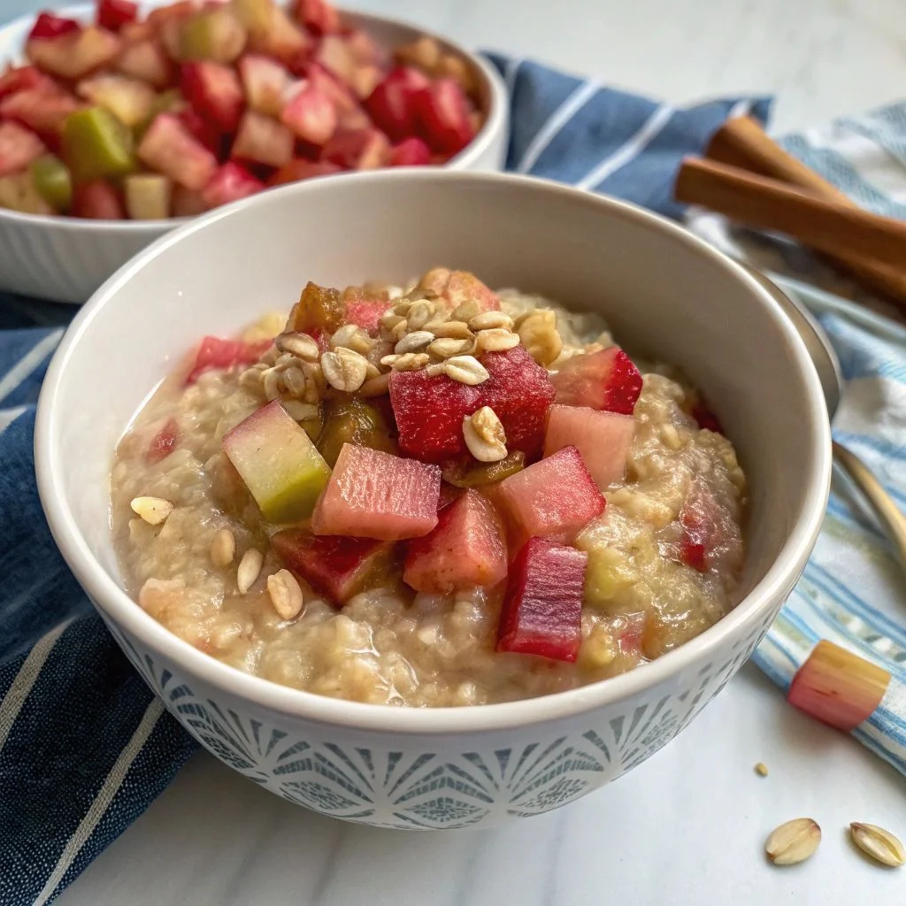 A delicious plate of Sweet Maple Rhubarb Oatmeal