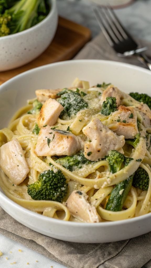 Step-by-step making Creamy Chicken and Spinach Pasta with Broccoli