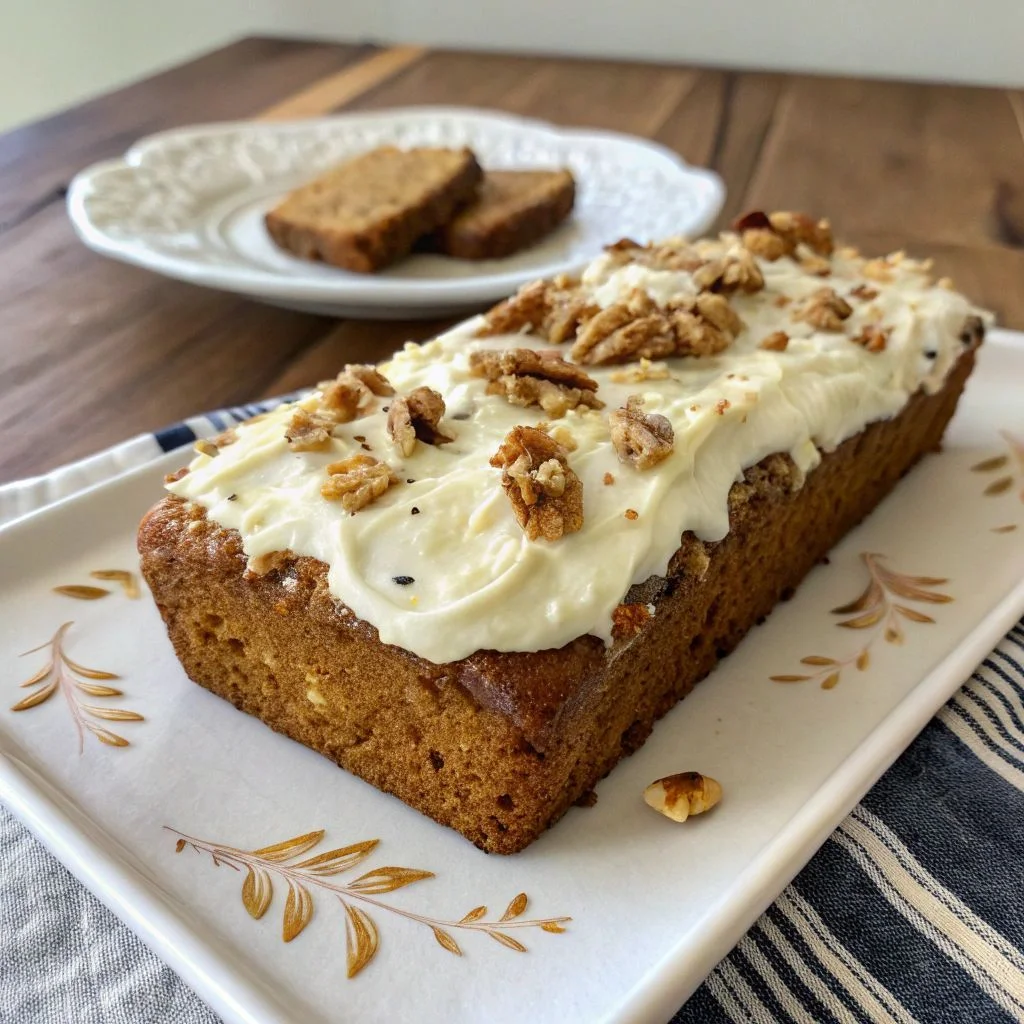 A delicious plate of Hummingbird Bread with Cream Cheese Frosting