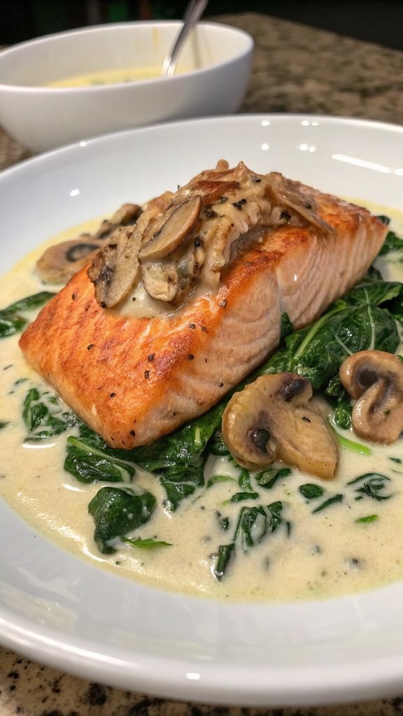 A delicious plate of Garlic Butter Salmon with Spinach & Mushrooms in Creamy Sauce